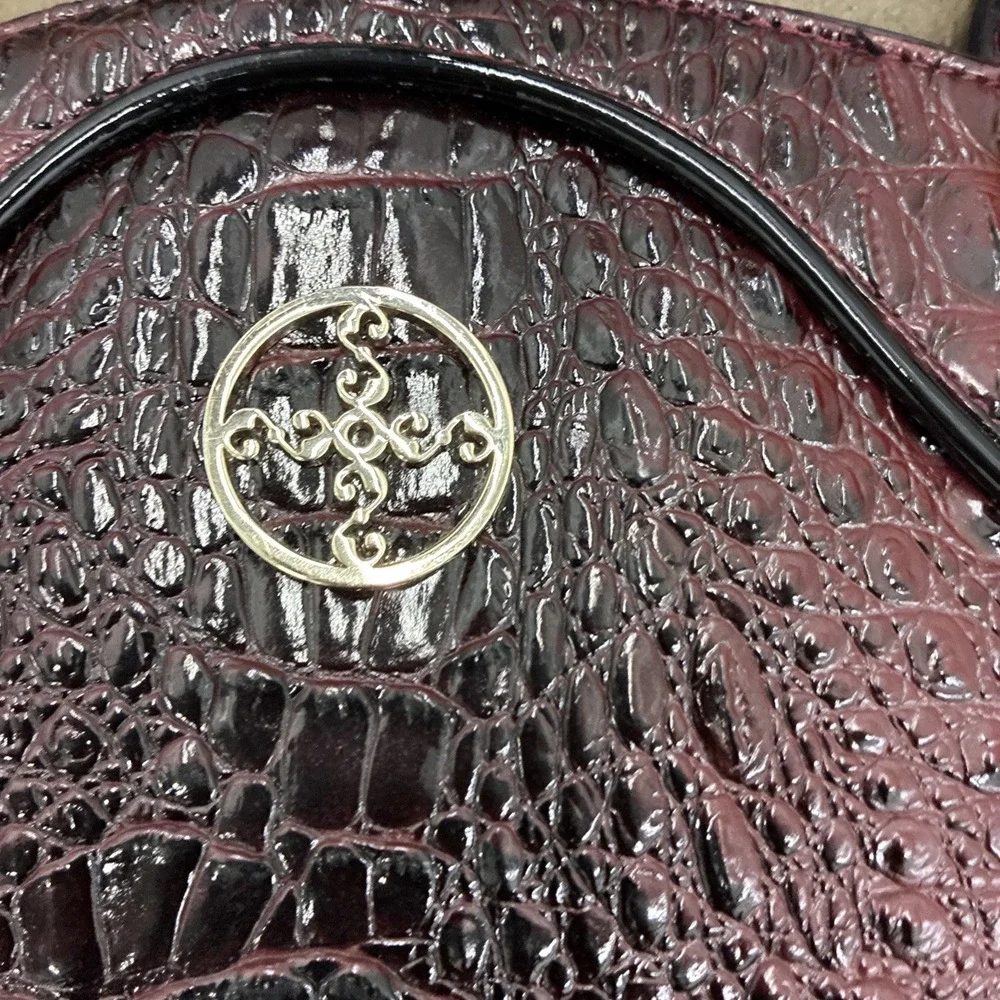 Stauer Burgundy Deep Red Croc Embossed Satchel Purse Handbag Faux Leather